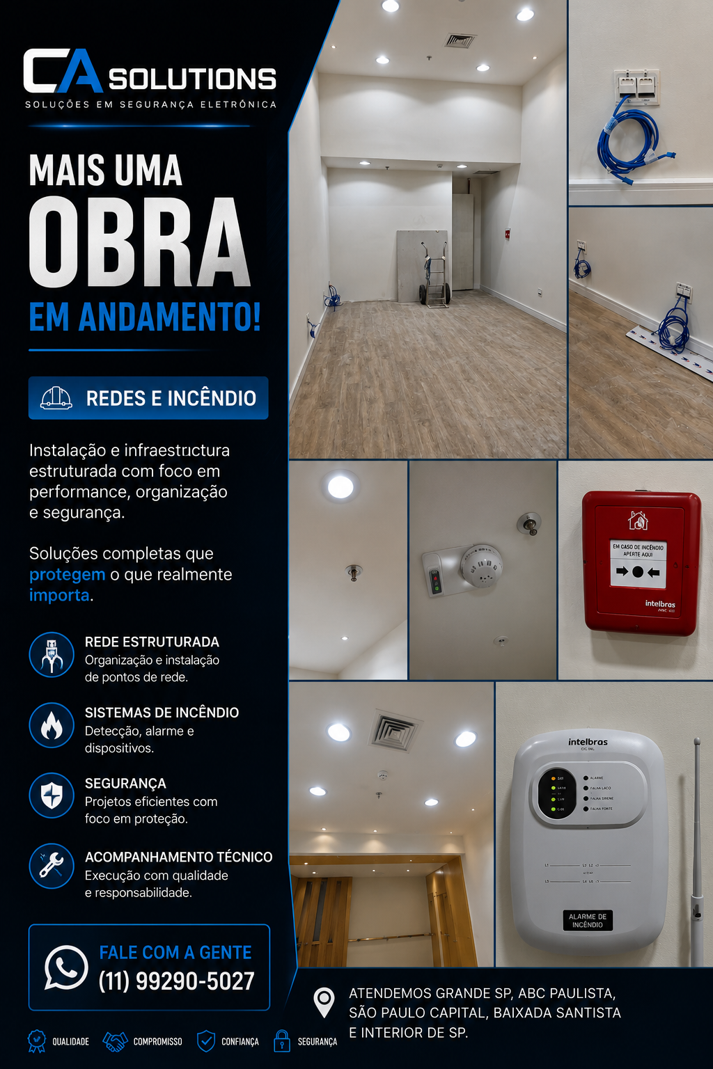 Publicação com registros de pontos de rede, central, detector e acionador em obra.